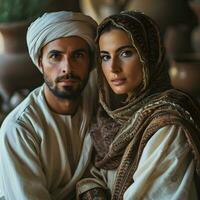 ai generado retrato de un medio oriental musulmán Pareja en tradicional vestido. generativo ai foto