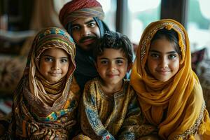 ai generado retrato de un contento asiático musulmán familia en tradicional ropa. generativo ai foto