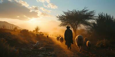 AI generated A Middle Eastern man herds a flock of sheep in a desert valley at sunset. Generative Ai photo