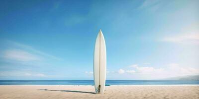 ai generado tabla de surf en el playa con azul cielo vista. generativo ai foto