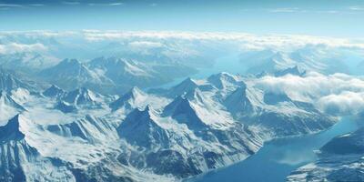 ai generado ilustración de un grande Nevado montaña paisaje con un lago abajo. invierno montañas. generativo ai foto