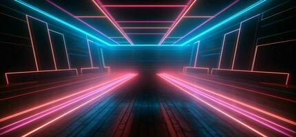 AI generated Modern Dark Room with Glowing Neon Lines with Retro 80s Style. Futuristic Interior with Laser Effect. Generative AI photo