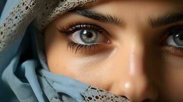 ai generado de cerca foto de un hermosa Arábica mujer en hijab con maravilloso ojos. generativo ai