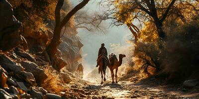 ai generado medio oriental hombre con su camellos en el Desierto a puesta de sol. generativo ai foto