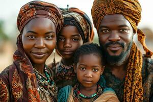 ai generado retrato de un contento africano musulmán familia en tradicional ropa. generativo ai foto