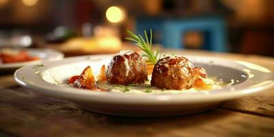 AI generated Delicious Meatballs with Sauce Served on a Plate. Generative AI photo