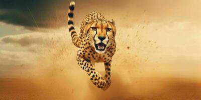 ai generado un leopardo corriendo en el Desierto con tormenta detrás. generativo ai foto