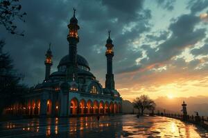 AI generated A Magnificent Mosque with a Beautiful Sky View at Sunset. Generative AI photo