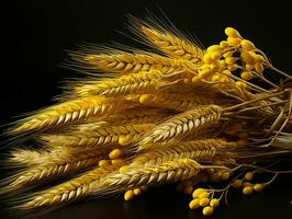 AI generated Yellow Wheat Ears Isolated on Black Background. Wheat Grains. Generative AI photo