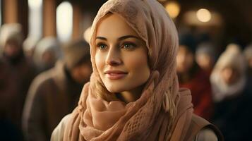 AI generated Beautiful Muslim woman in hijab sits in mosque, listening to sermon, Generative Ai photo