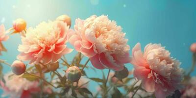 ai generado cerca arriba de rosado peonías flores con azul cielo vista. generativo ai foto