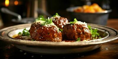 ai generado delicioso albóndigas con salsa servido en un lámina. generativo ai foto