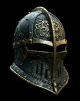 ai generado hierro medieval guerra casco aislado en negro antecedentes. generativo ai foto