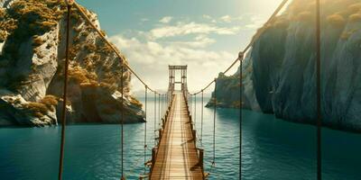 AI generated Suspension Bridge Between Islands with Ocean View. Generative AI photo
