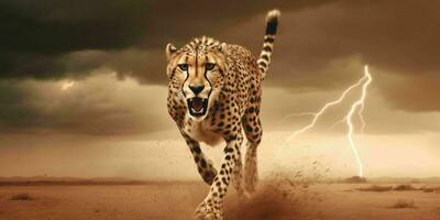 ai generado un leopardo corriendo en el Desierto con tormenta detrás. generativo ai foto