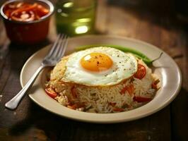 AI generated Delicious fried rice with a sunny side up egg, served on a white plate with a wooden table background. Generative AI photo