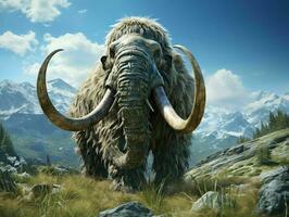 AI generated A Woolly Mammoth with Vast Pastures and Mountains Background. Generative AI photo