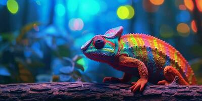 AI generated Colorful Chameleon Perched on a Tree Branch with Vibrant Neon Light Effect. Digital Art. Generative AI photo