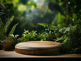 AI generated Wooden Product Display Podium with Nature Background. Natural Product Placement Pedestal Stand. Generative AI photo