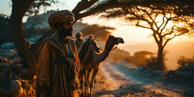 ai generado medio oriental hombre con su camellos en el Desierto a puesta de sol. generativo ai foto