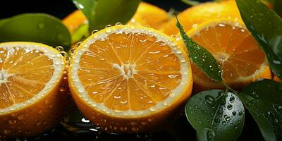 AI generated Fresh Oranges with Water Droplets Isolated on a Black Background. Generative AI photo