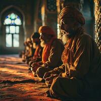 AI generated Muslim Man Praying at a Mosque with Sunlight Effect. Worshiping God. Generative AI photo