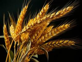 AI generated Yellow Wheat Ears Isolated on Black Background. Wheat Grains. Generative AI photo