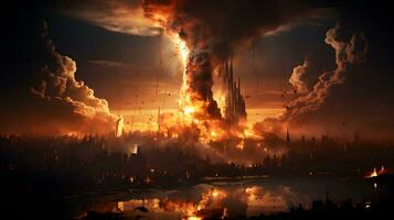 AI generated City Burns After Missile Explodes During War. Doomsday Disaster. Generative Ai photo