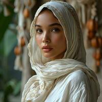 AI generated Portrait of a beautiful and exotic young muslim woman with white hijab. Generative Ai photo