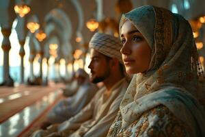 ai generado musulmán Pareja sentado en un mezquita en tradicional vestido. generativo ai foto