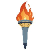 Pixel Flaming torch. Cartoon torch withe flame. Burning fire or flame. Sport fire sign. vector