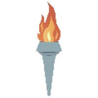 Pixel dots Flaming torch. Cartoon torch withe flame. Burning fire or flame. Sport fire sign. vector