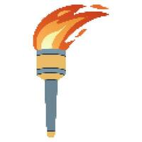 Pixel Flaming torch. Cartoon torch withe flame. Burning fire or flame. Sport fire sign. vector