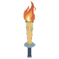 Pixel dots Flaming torch. Cartoon torch withe flame. Burning fire or flame. Sport fire sign. vector