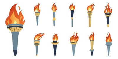Torch with burning fire in flat design. Vector set.