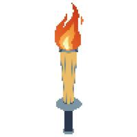 Pixel Flaming torch. Cartoon torch withe flame. Burning fire or flame. Sport fire sign. vector