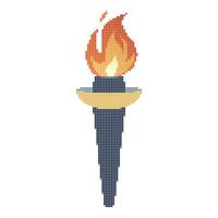 Pixel dots Flaming torch. Cartoon torch withe flame. Burning fire or flame. Sport fire sign. vector