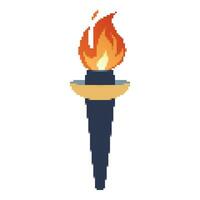 Pixel Flaming torch. Cartoon torch withe flame. Burning fire or flame. Sport fire sign. vector