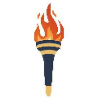 Pixel Flaming torch. Cartoon torch withe flame. Burning fire or flame. Sport fire sign. vector