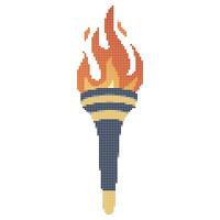 Pixel dots Flaming torch. Cartoon torch withe flame. Burning fire or flame. Sport fire sign. vector