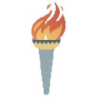 Pixel dots Flaming torch. Cartoon torch withe flame. Burning fire or flame. Sport fire sign. vector