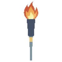 píxel puntos llameante antorcha. dibujos animados antorcha con fuego. ardiente fuego o fuego. deporte fuego signo. vector