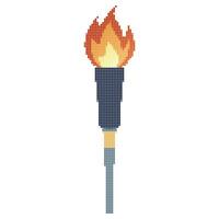 Pixel dots Flaming torch. Cartoon torch withe flame. Burning fire or flame. Sport fire sign. vector