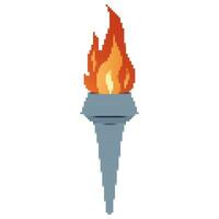 Pixel Flaming torch. Cartoon torch withe flame. Burning fire or flame. Sport fire sign. vector