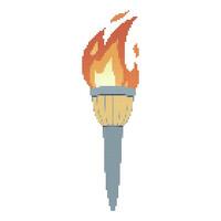 Pixel dots Flaming torch. Cartoon torch withe flame. Burning fire or flame. Sport fire sign. vector