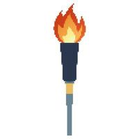 Pixel Flaming torch. Cartoon torch withe flame. Burning fire or flame. Sport fire sign. vector