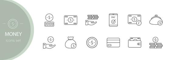 Money line icon set. Credit card, wallet, coins. vector