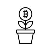 Bitcoin cryptocurrency plant, return on crypto investment, growth, money tree icon in line style design isolated on white background. Editable stroke. vector