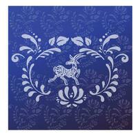 goat card, blue and white in ethnic Russian style, symbol of the year, vector illustration eps 10