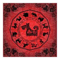 dog card in red and black colors in ethnic Russian style, symbol of the year, vector illustration